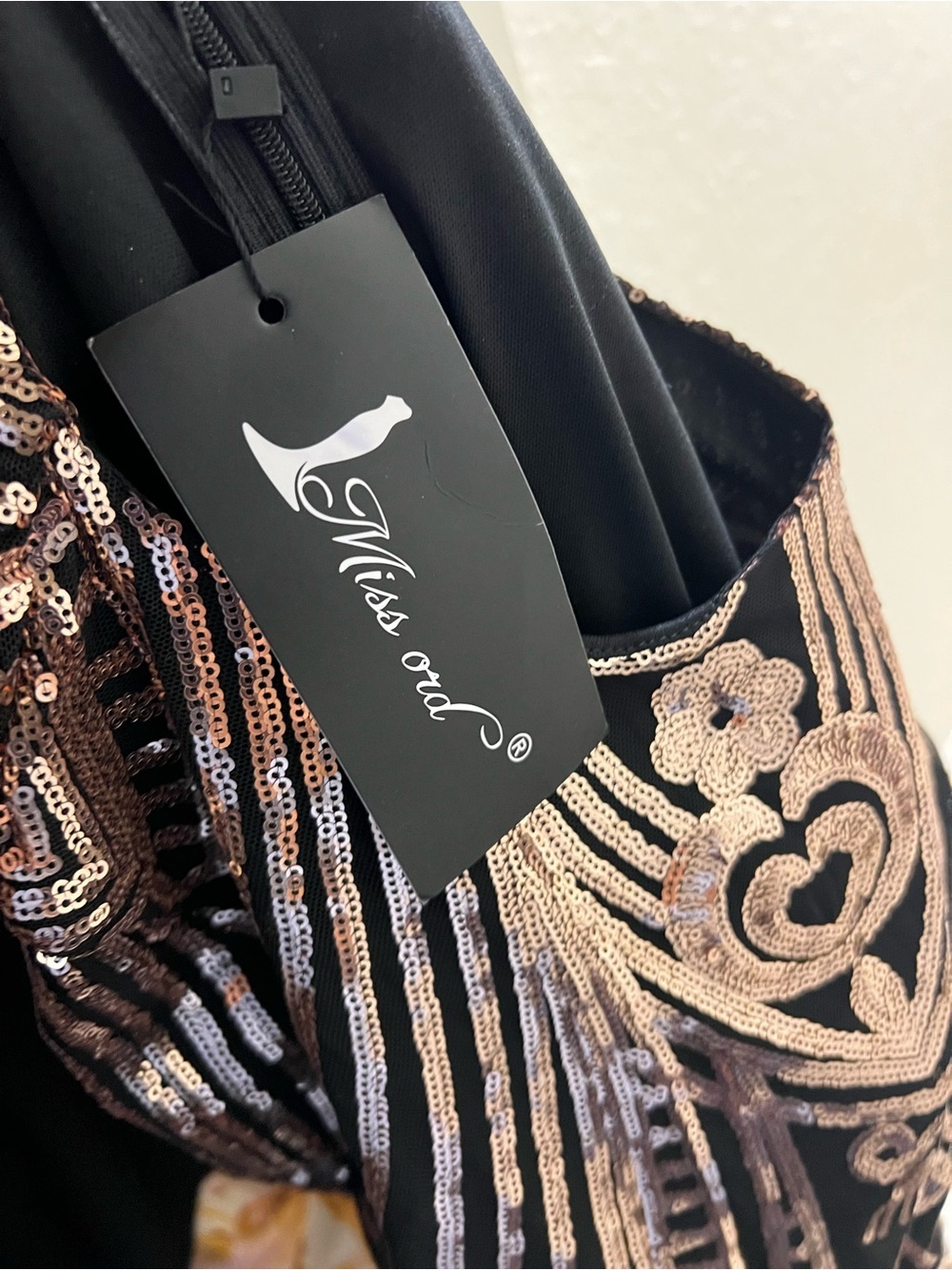 Black Mini Dress with Rose Gold Sequin Detail - Long Sleeve Party Dress - Picture 5 of 7